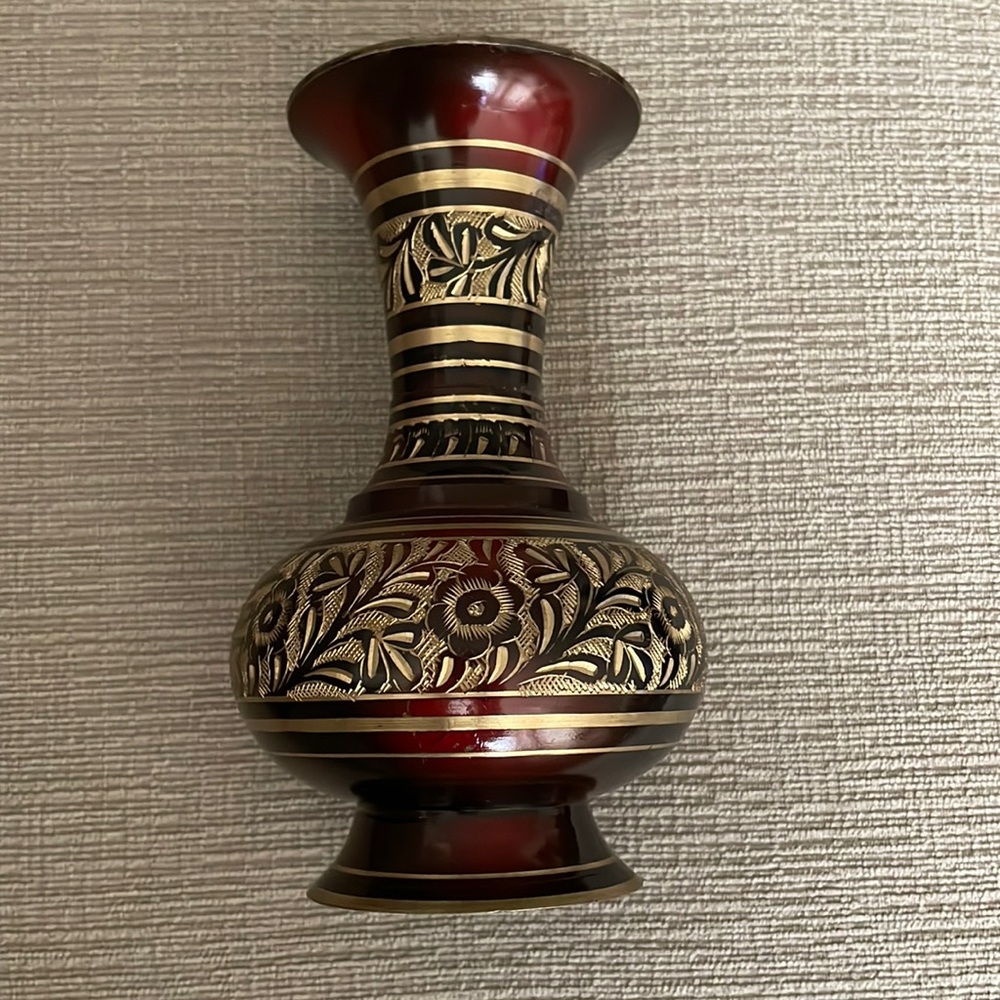 Vintage  Engraved Metal Brown And Gold Vase with flowers, made in India